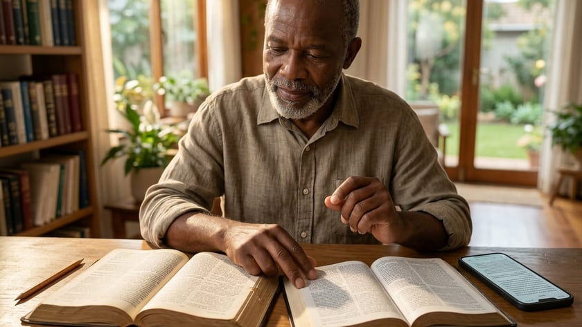Homem idoso de barba grisalha lê dois livros abertos sobre uma mesa de madeira.