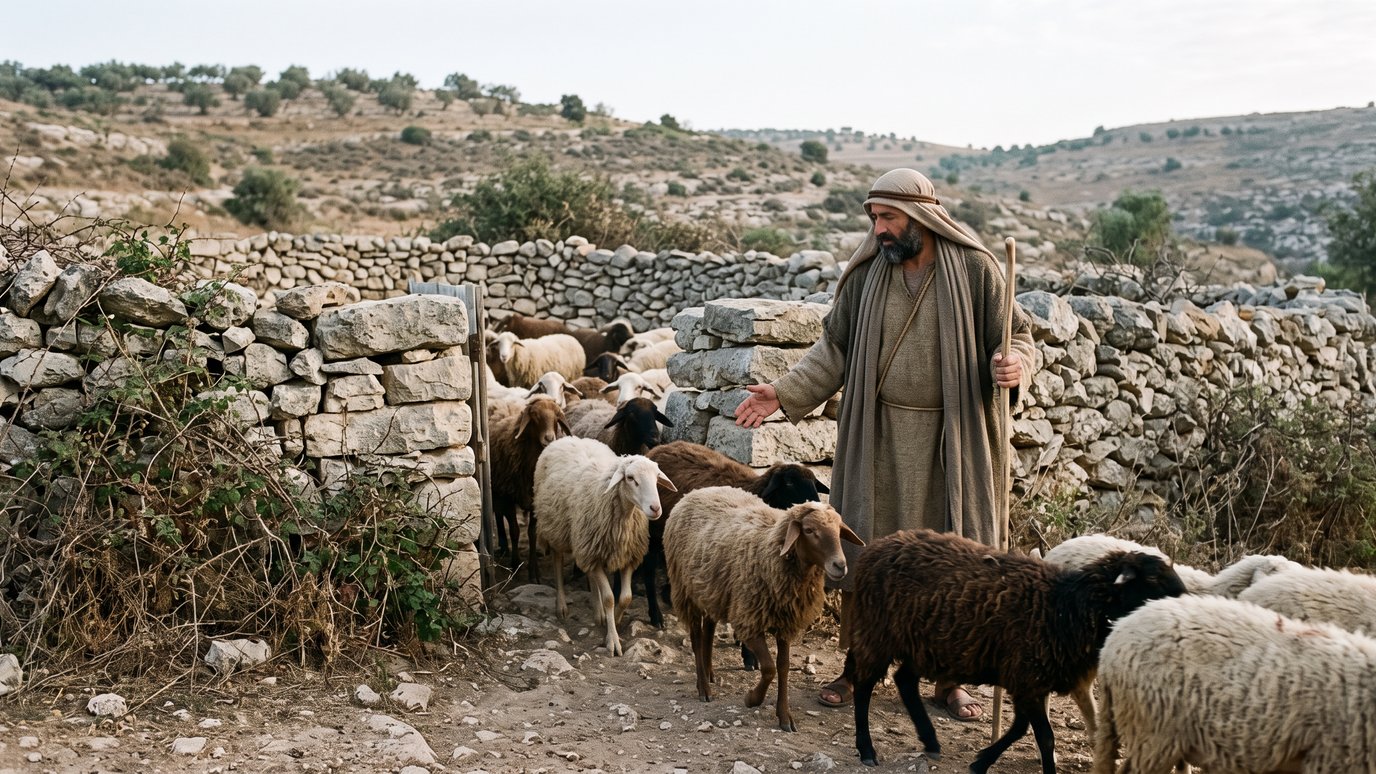 Pastor de barba, com manto e cajado, guia ovelhas ao lado de um muro de pedras
