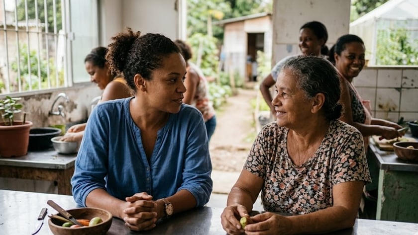 Mulher de blusa azul sentada à mesa numa cozinha aberta, com outras mulheres ao fundo.
