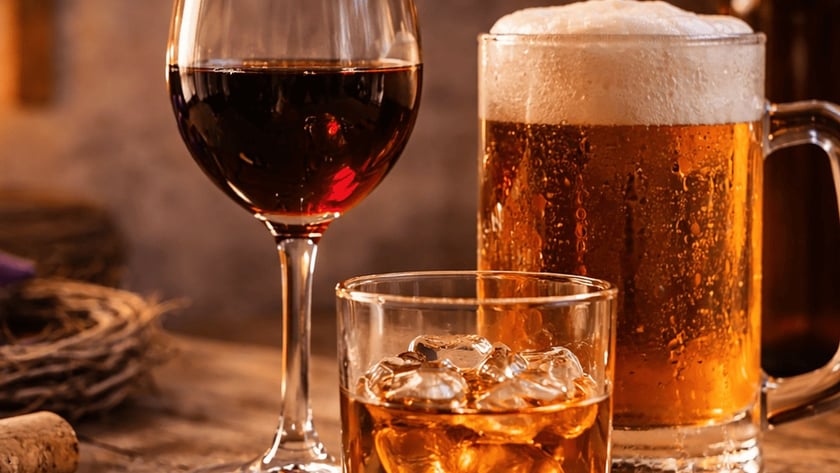 Taça de vinho tinto, copo de uísque com gelo e caneca de cerveja sobre mesa de madeira.