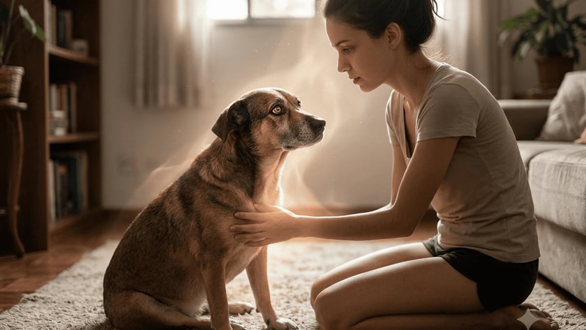 Mulher ajoelhada em uma sala acaricia o peito de um cachorro sentado no tapete.