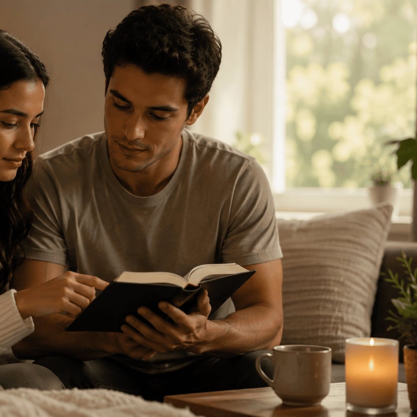 Homem e mulher sentados no sofá leem juntos um livro aberto na sala.