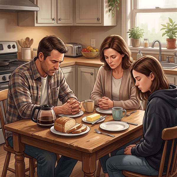 Família de mãos postas e olhos fechados, orando à mesa da cozinha com pão, manteiga e café.