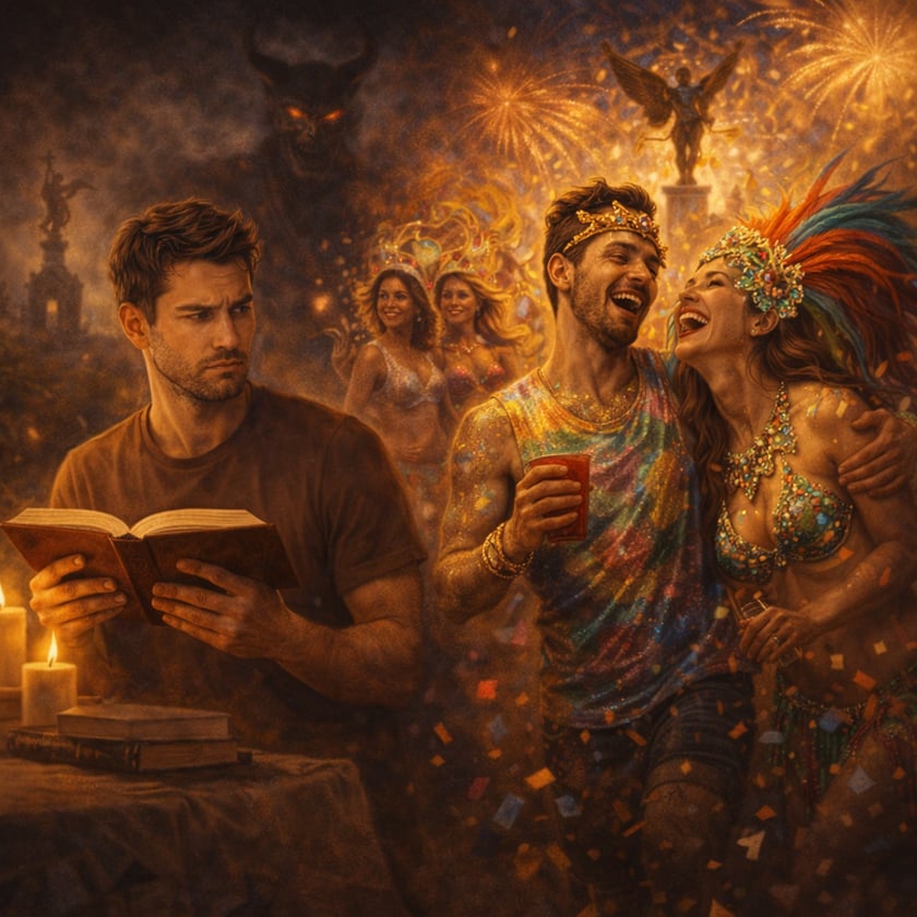 Homem sério lê livro à luz de velas enquanto casal fantasiado ri em festa de carnaval.