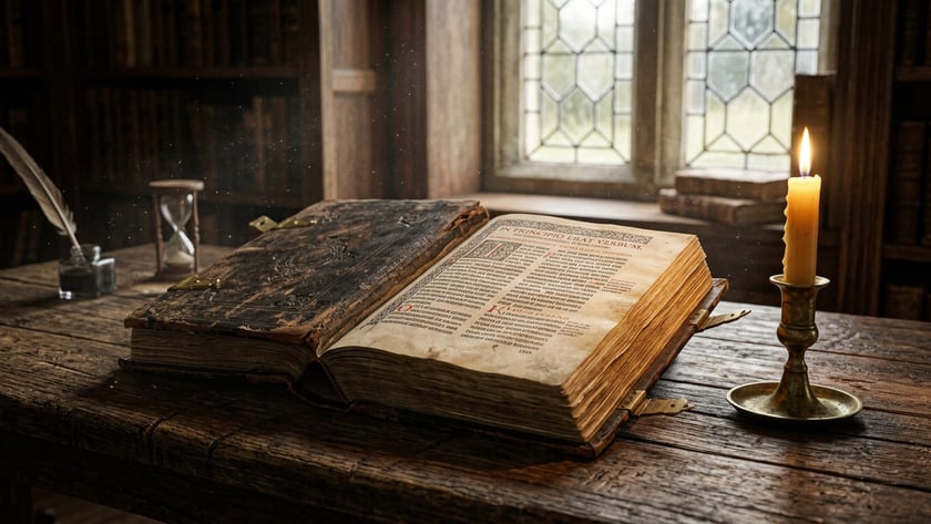 Livro antigo aberto ao lado de uma vela acesa, sob janela de vitral: "In principio erat verbum".