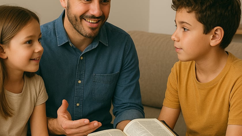Homem fala com menina e menino segurando livro aberto, no sofá "ChatGPT"