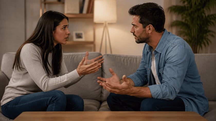 Mulher e homem sentados num sofá cinza conversando, gesticulando com as mãos abertas.