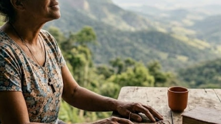 Mãos de uma pessoa sobre mesa de madeira com Bíblia, óculos, xícara e crucifixo