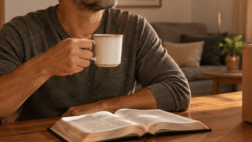 Homem de barba segura uma caneca à mesa, com Bíblia aberta e caixa de papelão.