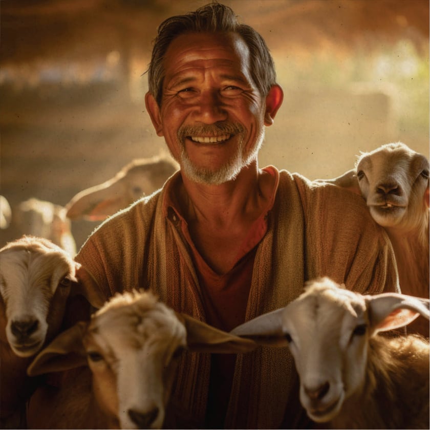 Homem de bigode e barba grisalha sorri cercado por cabras e ovelhas.