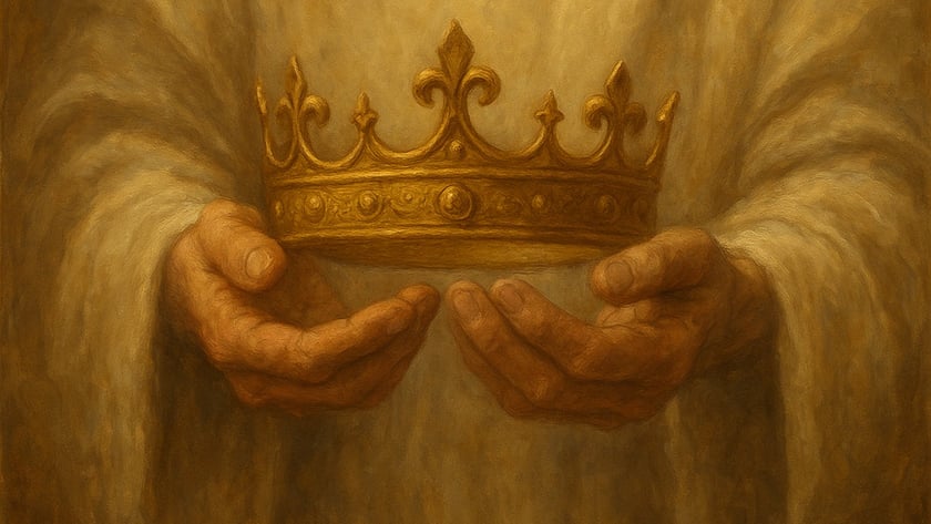 Mãos abertas de uma figura de túnica clara seguram uma coroa dourada.