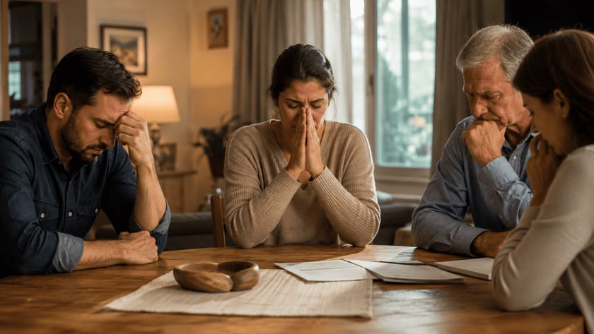 Mulher de mãos juntas diante do rosto, ao lado de um homem curvado, à mesa com papéis.