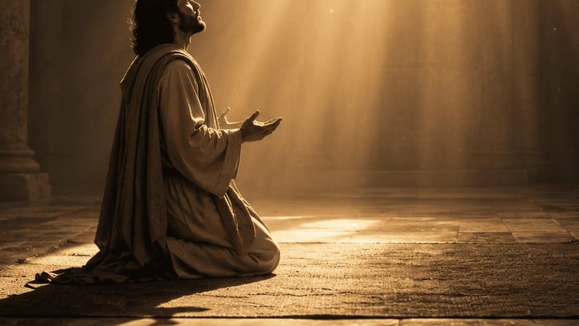 Homem de barba e manto ajoelhado, com as mãos abertas, olha para um feixe de luz.
