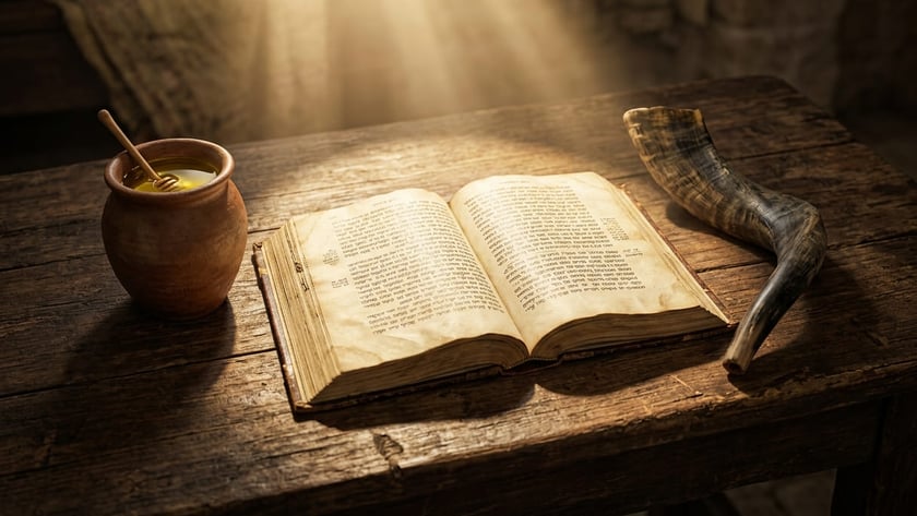 Livro antigo aberto sobre mesa de madeira, entre um pote de mel e um shofar.