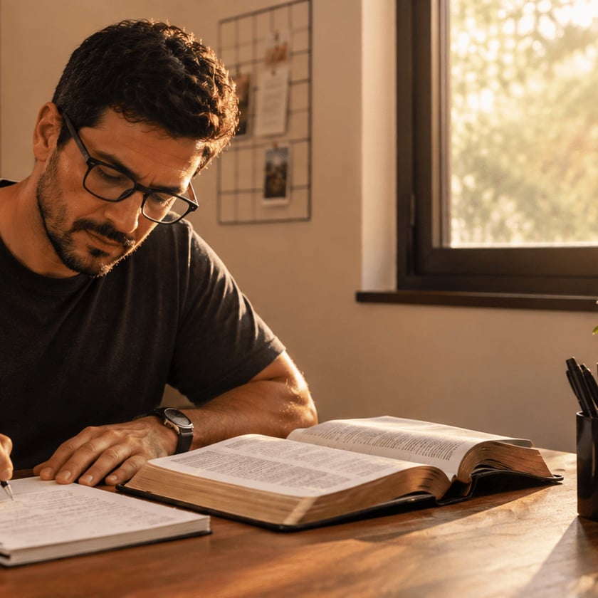 Homem de óculos e barba escreve em um caderno ao lado de uma Bíblia aberta.