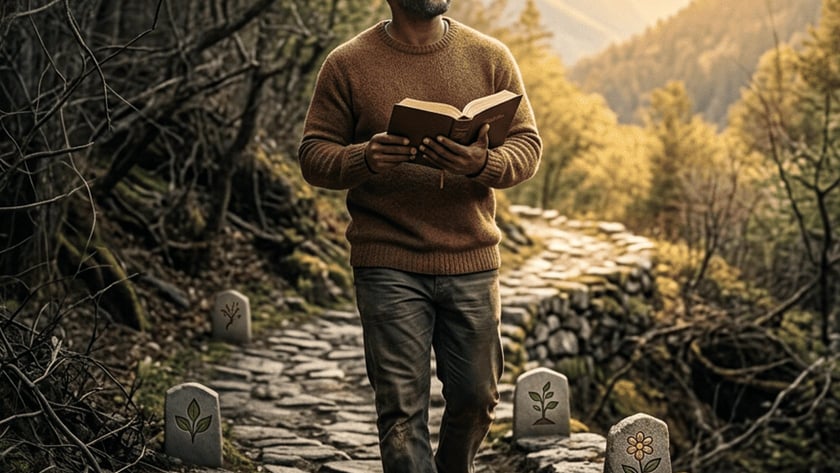 Homem de suéter marrom caminha com um livro aberto por uma trilha de pedras na montanha.