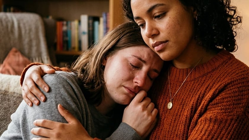 Duas mulheres sentadas no sofá, uma chorando encostada no ombro da outra, que a abraça.