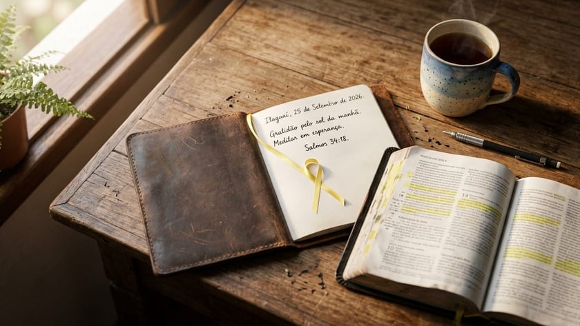 Bíblia grifada, caderno com laço amarelo e xícara de café na mesa
