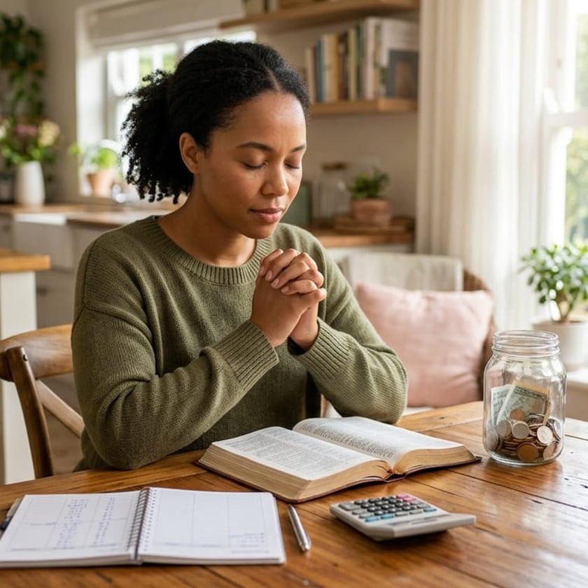 Mulher de olhos fechados e mãos juntas à mesa, com Bíblia, caderno, calculadora e pote de moedas.