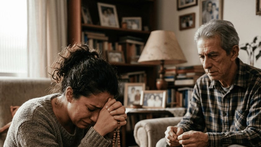 Mulher ajoelhada chora com um terço nas mãos, ao lado de um senhor sentado na sala.