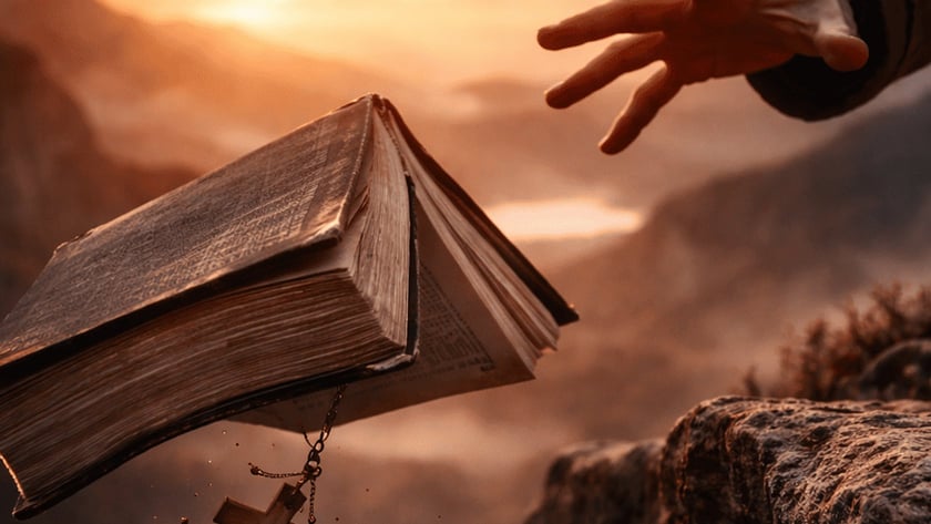 Mão estendida em direção a uma Bíblia com crucifixo caindo de um penhasco ao pôr do sol.