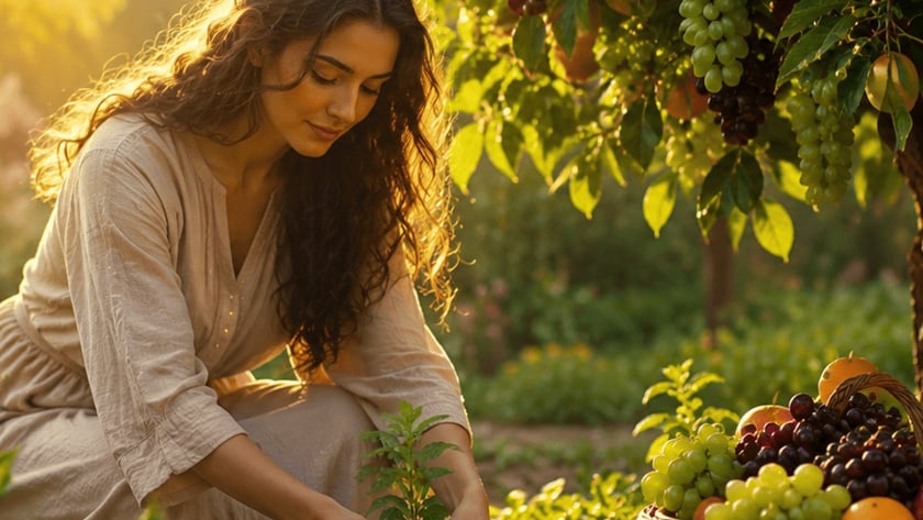 Mulher de cabelos longos e escuros agachada plantando uma muda em jardim com frutas.