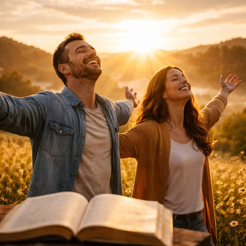 Homem e mulher sorrindo, de braços abertos num campo de flores ao nascer do sol