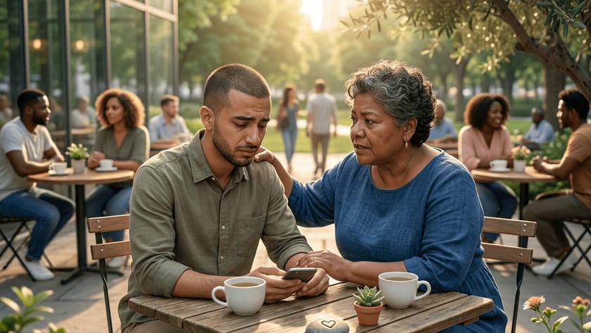 Mulher mais velha consola homem chorando com celular em mesa de café ao ar livre.