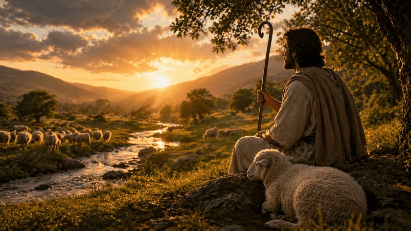 Pastor barbado sentado com cajado ao lado de uma ovelha, olhando um vale ao pôr do sol.