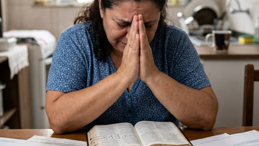 Mulher de mãos juntas diante do rosto, à mesa com contas, cartões e uma Bíblia aberta.