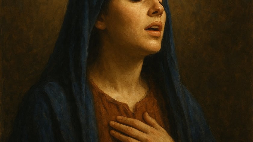 Mulher de manto azul na cabeça, olhos fechados, com a mão sobre o peito.