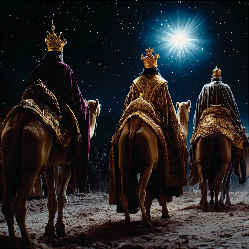 Três reis coroados, de costas, cavalgam camelos no deserto rumo a uma estrela brilhante.
