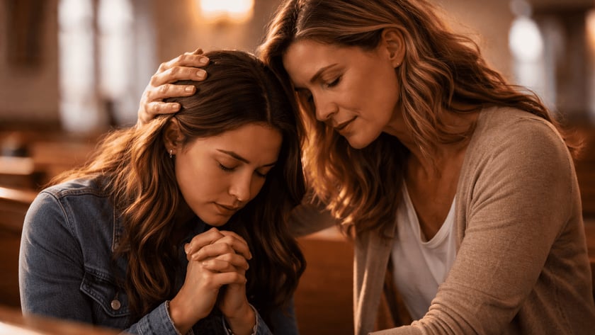 Duas mulheres em um banco de igreja, uma de mãos postas e a outra tocando sua cabeça.