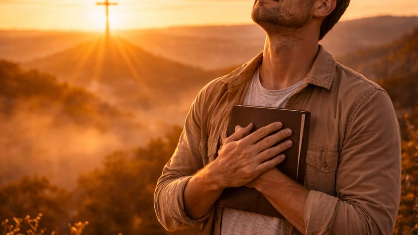 Homem de olhos fechados segura um livro junto ao peito, em um morro com uma cruz ao fundo.
