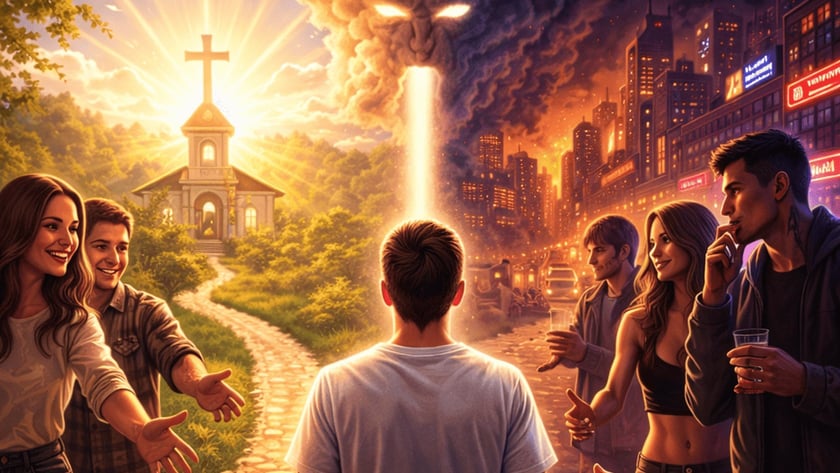Homem de costas entre um caminho até uma igreja e uma cidade noturna