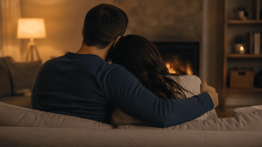 Casal abraçado de costas em um sofá, em uma sala com abajur aceso.