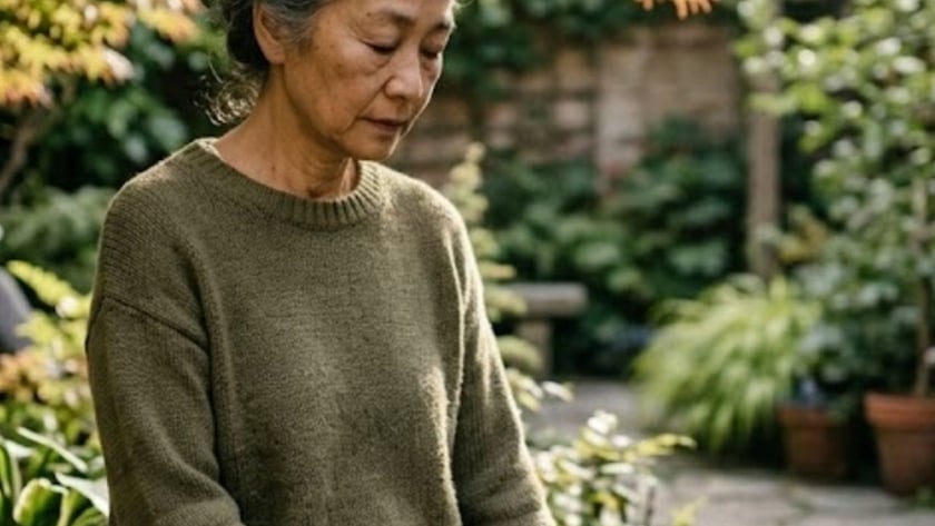 Mulher idosa de cabelo grisalho e suéter verde senta de olhos fechados em um jardim.
