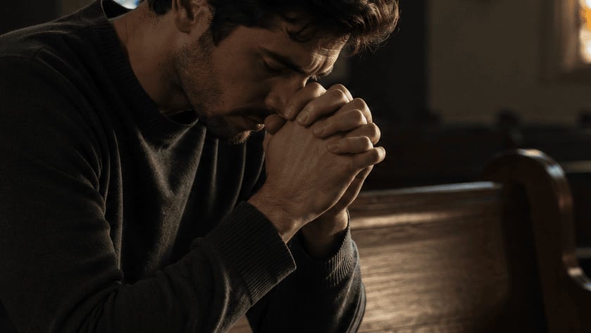 Homem de cabelo escuro, com as mãos unidas junto ao rosto, sentado em um banco de igreja.