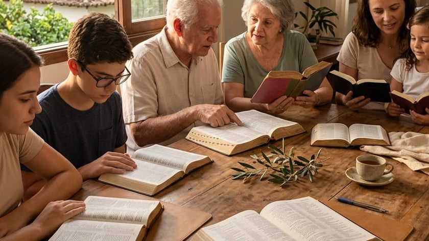 Família de várias gerações lê Bíblias abertas em volta de uma mesa de madeira.