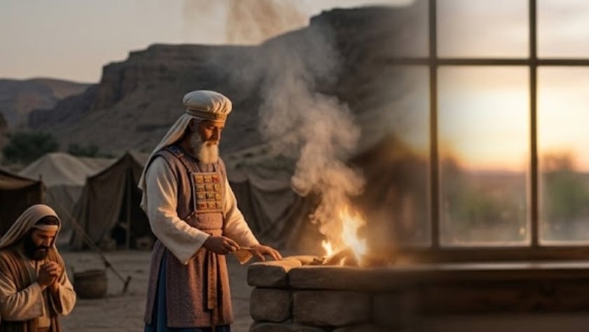 Sacerdote antigo ao lado de um altar de pedra com fogo e jovem rezando diante de uma Bíblia