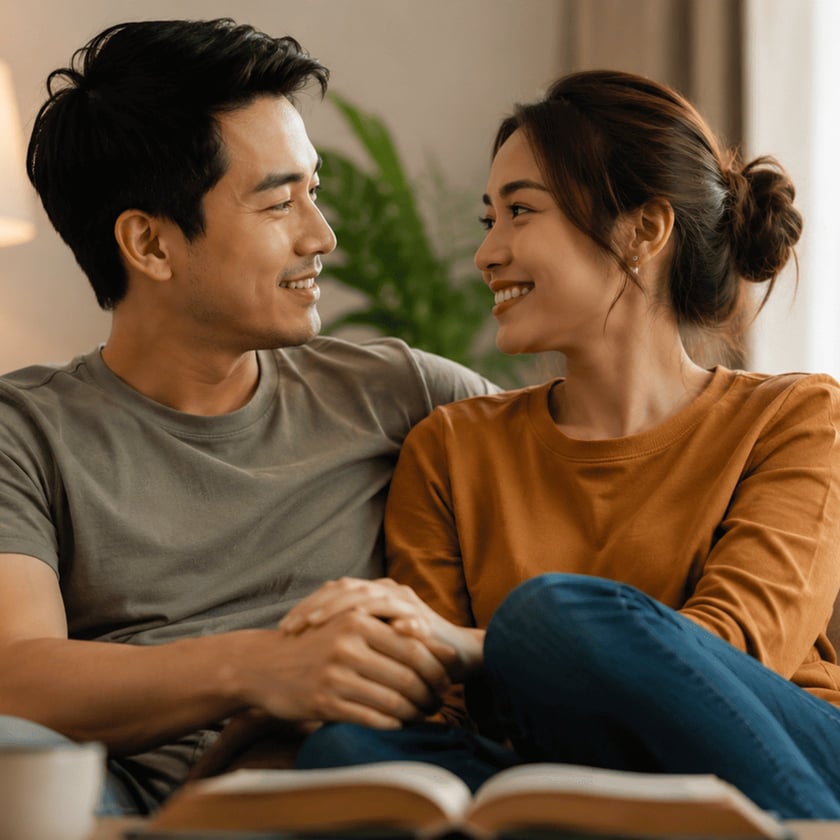 Casal sentado no sofá, de mãos dadas, olhando um para o outro e sorrindo.