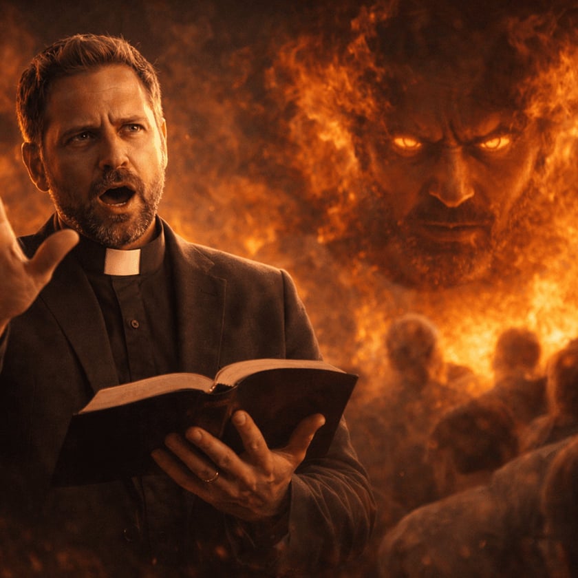 Padre de colarinho clerical lê a Bíblia diante de um rosto demoníaco de fogo e uma multidão.