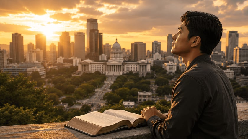 Homem de camisa escura olha para o céu ao lado de uma Bíblia aberta, com a cidade ao fundo.