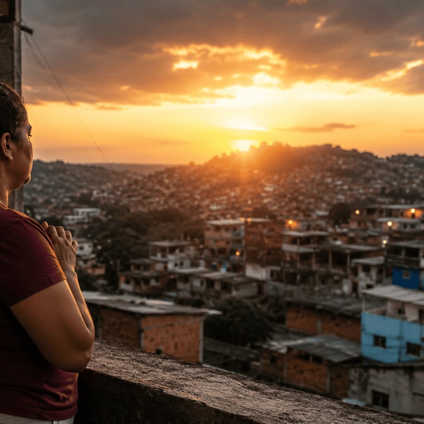 Mulher de camiseta vinho, de costas, observa o pôr do sol sobre uma comunidade em colinas.