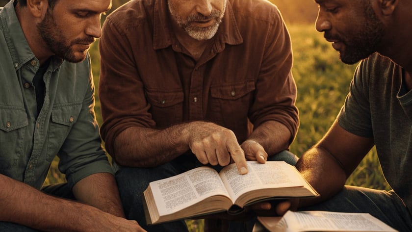 Três homens sentados ao ar livre leem juntos uma Bíblia aberta, em um campo ao pôr do sol.