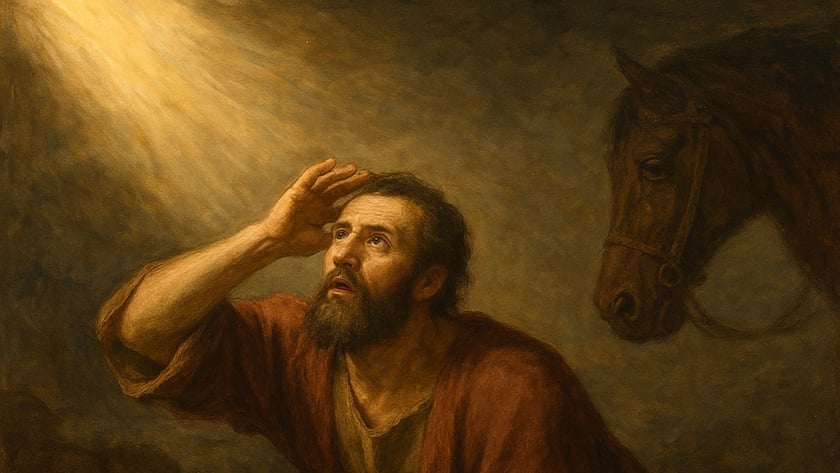 Homem barbudo de túnica vermelha ajoelhado protege os olhos da luz; um cavalo aparece ao fundo.