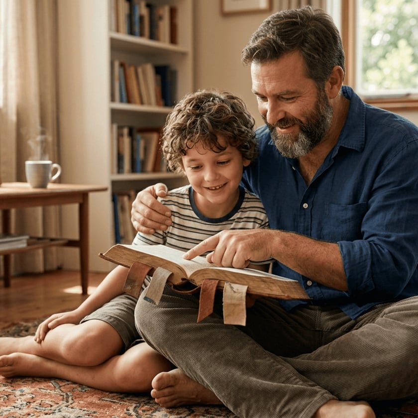 Homem barbado e menino de cabelo cacheado leem um livro grande sentados no tapete.