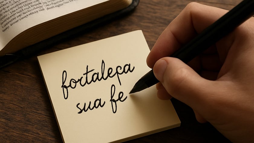 Mão escreve em nota adesiva ao lado de livro: "fortaleça sua fé"
