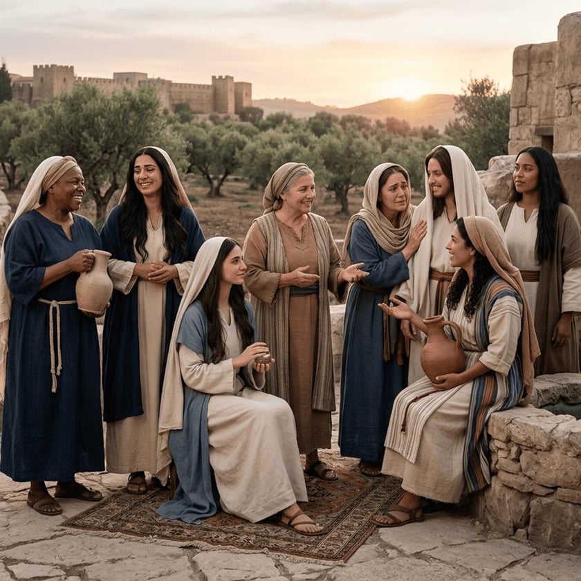 Oito mulheres de túnicas e véus conversam ao entardecer perto de um poço, com oliveiras ao fundo.