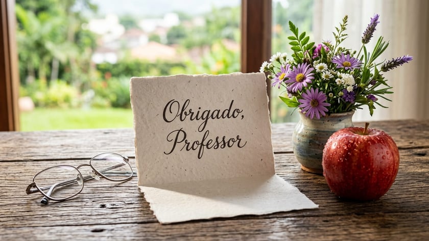 Cartão ao lado de vaso com flores e maçã: "Obrigado, Professor"